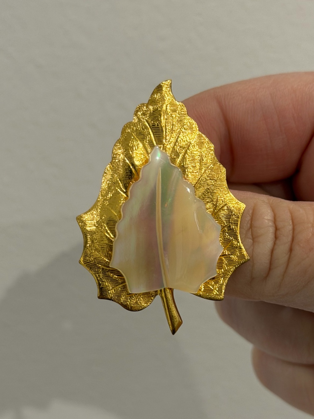 Vintage Gold & Mother-of-Pearl Leaf Brooch